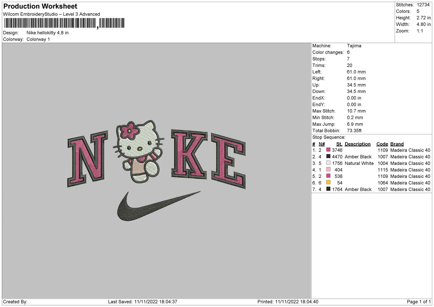 Nike Hellokitty 02 Embroidery File 6 sizes