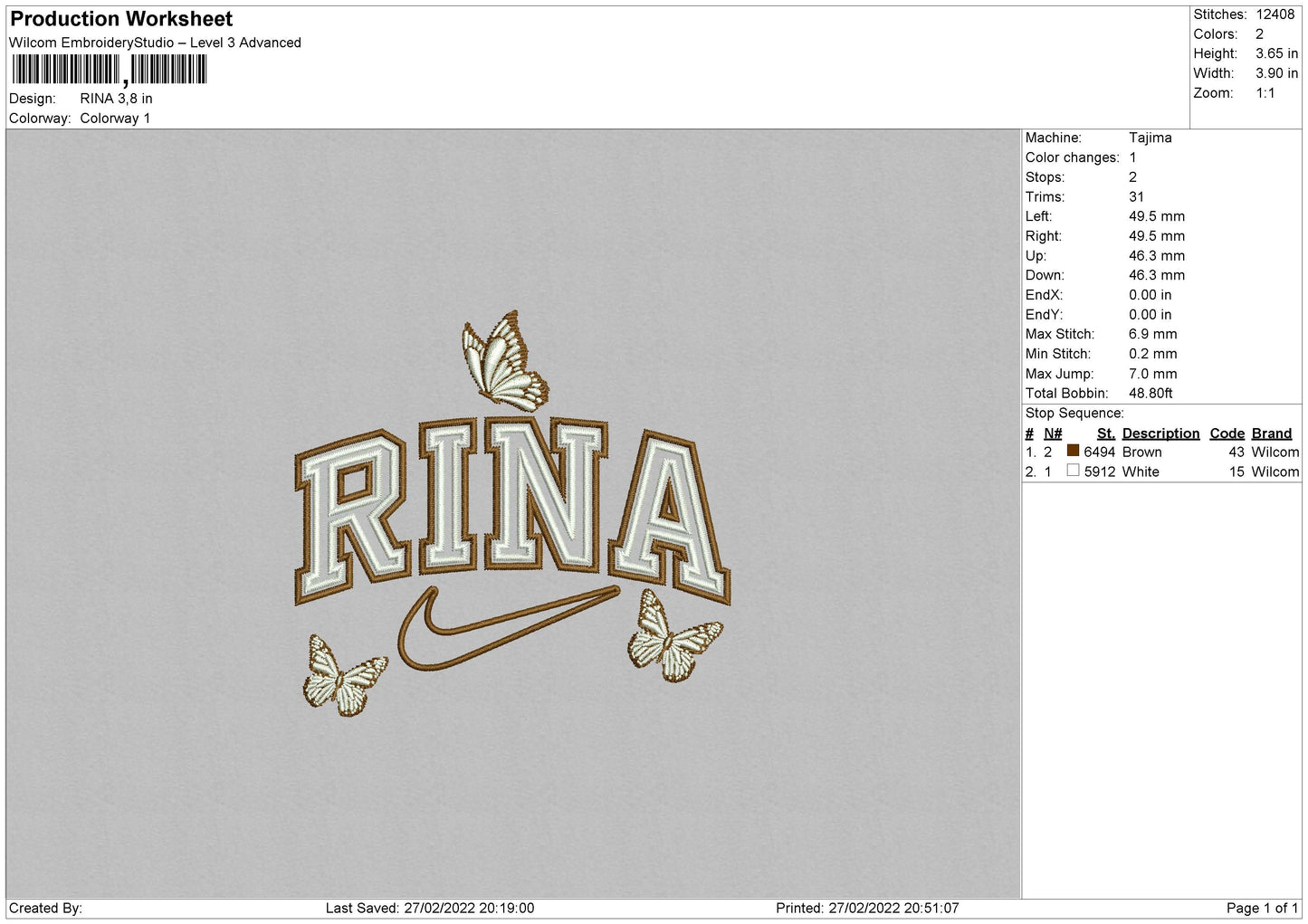 Rina Text Butterfly Embroidery File 4 size