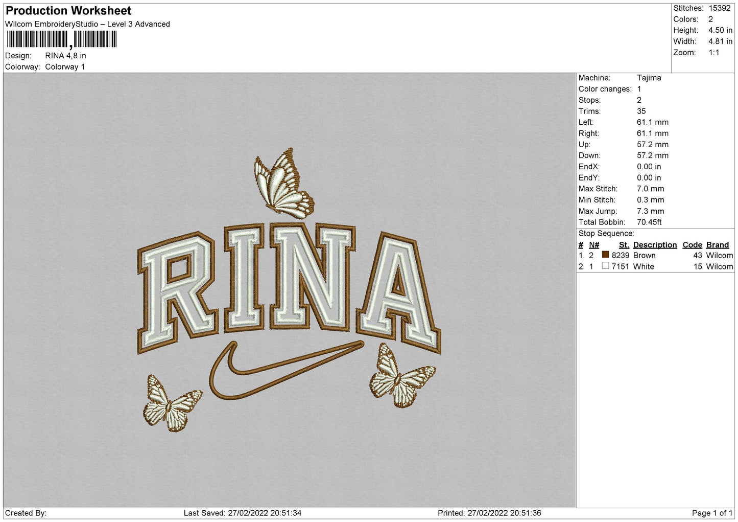 Rina Text Butterfly Embroidery File 4 size
