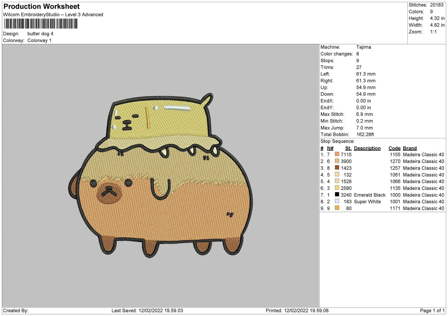 Butter Dog Embroidery File 4 size